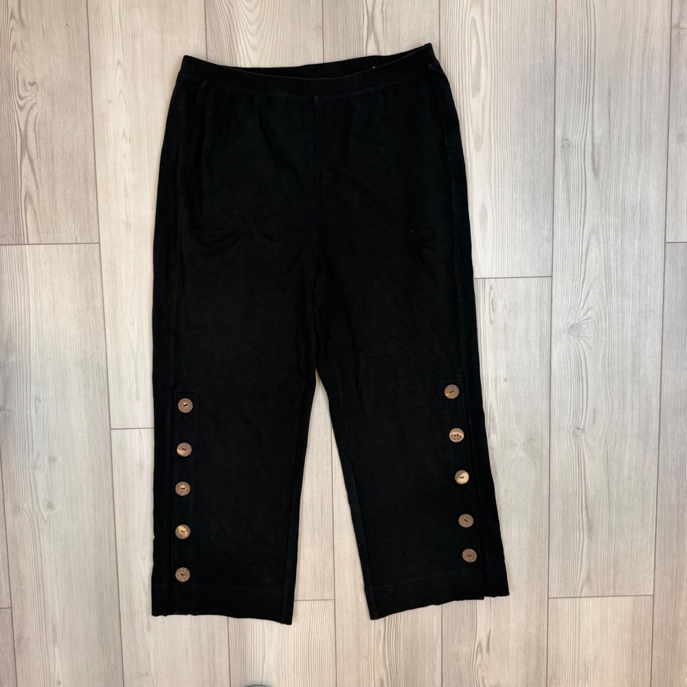 Soft Surroundings Black Cropped Wide Leg Pants Button Detail Large 2FE28
